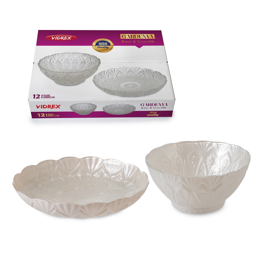 BB-100/5B GARDENYA CAM 12 PARCA TABAK VE KASE SET KIRIK BEYAZ