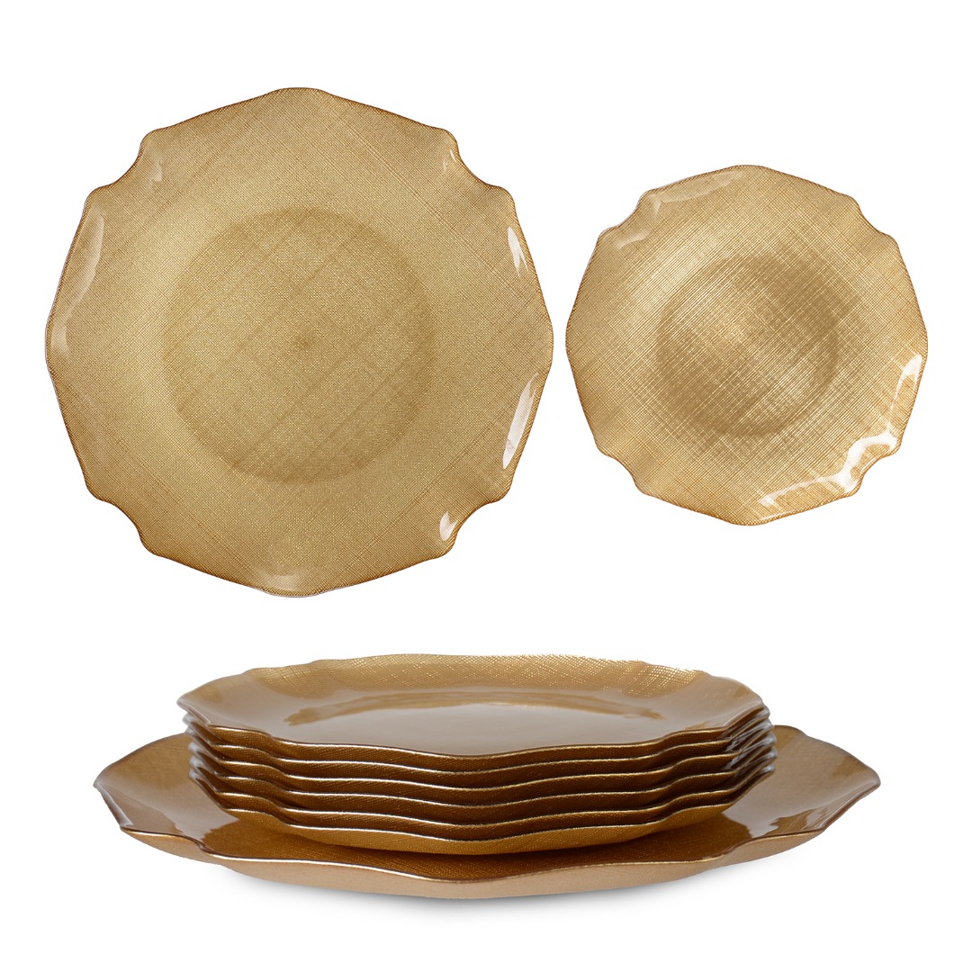 17852-17853  DALGALI KUMAS 28/21CM 6+1 PASTA SERVIS SETI METALIK ALTIN